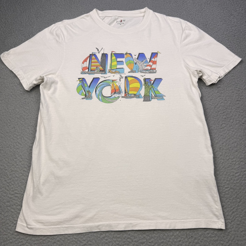 J Crew Oarsman Shirt Mens Medium White New York Graphic Re-Imagined USA Cotton